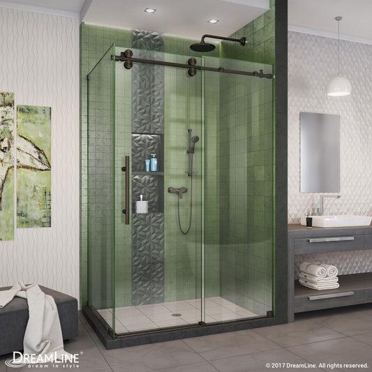 Enigma-XO frameless single sliding shower door with return panel for corner enclosure