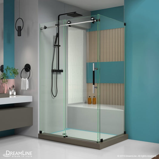 Enigma-XT frameless single sliding shower door with return panel for corner enclosure