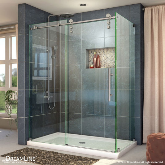 Enigma-Z frameless single sliding shower door with return panel for corner enclosure