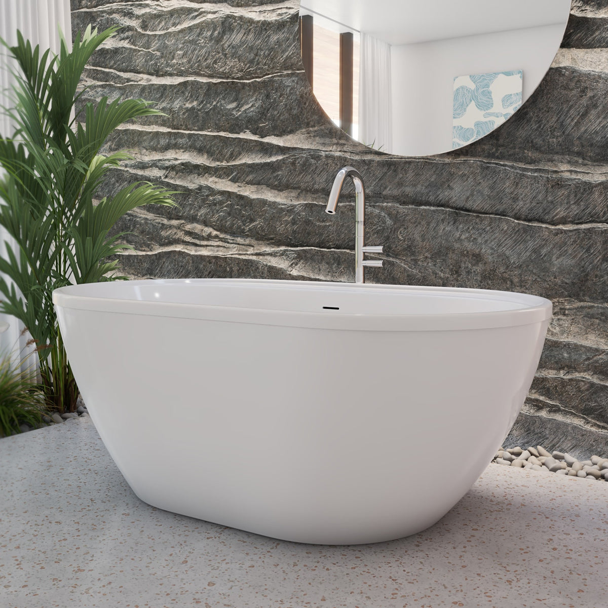 Essence 60 inch freestanding acrylic bathtub in gloss white with White drain, shown in a styled setting