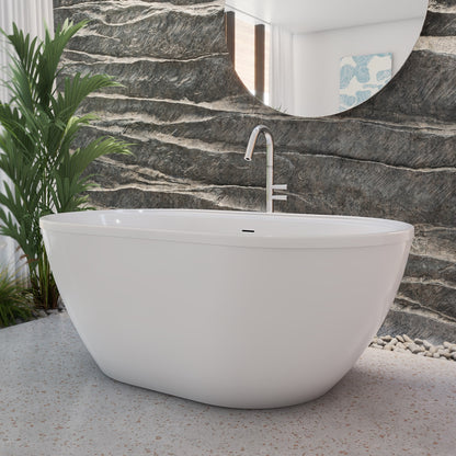 Essence 60 inch freestanding acrylic bathtub in gloss white with White drain, shown in a styled setting