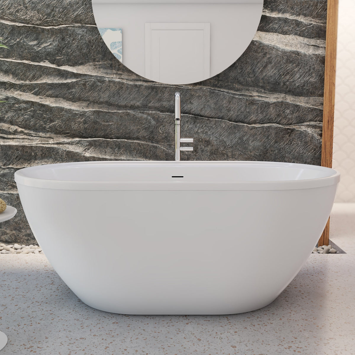 Essence 60 inch freestanding acrylic bathtub in gloss white with White drain, shown in a styled setting