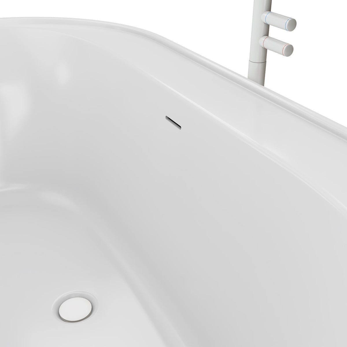 Essence 60 inch freestanding acrylic bathtub in gloss white with White drain, shown in a styled setting