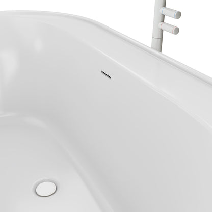 Essence 60 inch freestanding acrylic bathtub in gloss white with White drain, shown in a styled setting