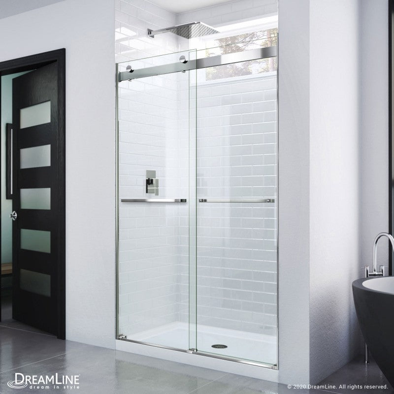 Essence frameless double sliding shower door in 5/16 inch clear tempered glass