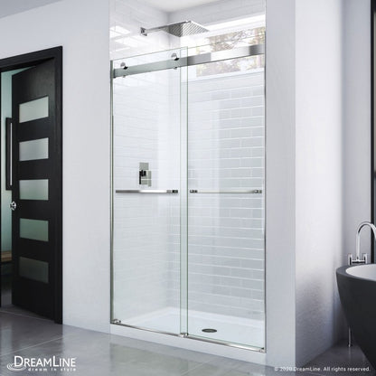Essence frameless double sliding shower door in 5/16 inch clear tempered glass