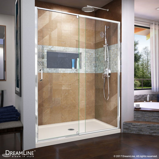 Flex Semi-Frameless Pivot Shower Door Kit with Biscuit Shower Base Pan and Center Drain