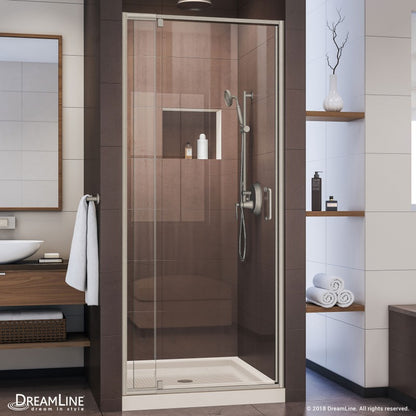 Flex Semi-Frameless Pivot Shower Door Kit with Biscuit Shower Base Pan and Center Drain