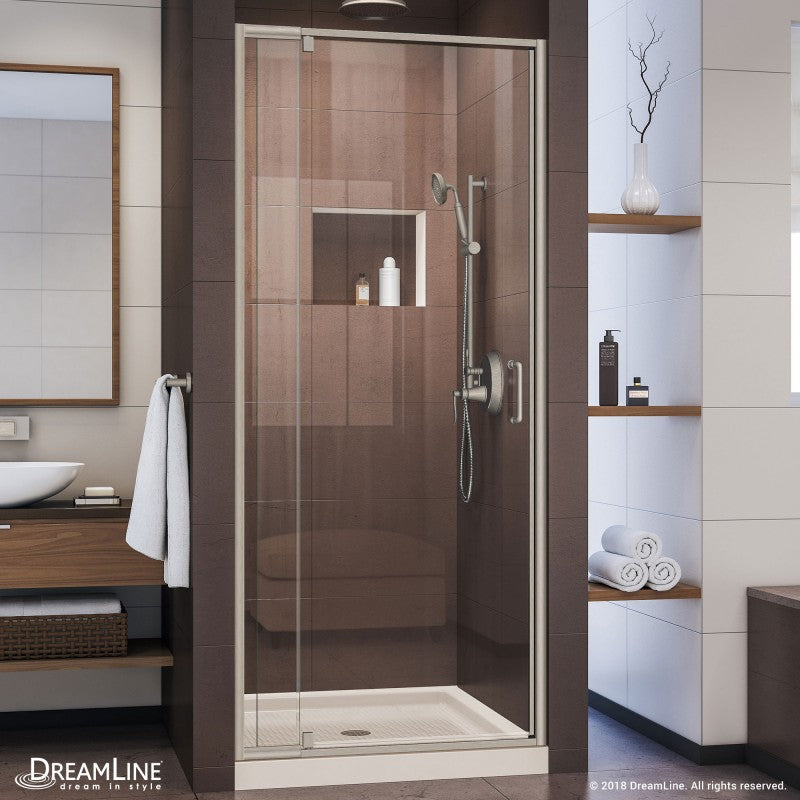Flex Semi-Frameless Pivot Shower Door Kit with Biscuit Shower Base Pan and Center Drain