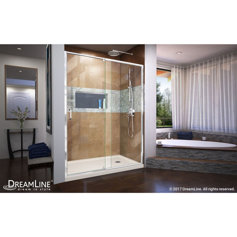 Flex Semi-Frameless Pivot Shower Door Kit with Biscuit Shower Base Pan and Right Drain