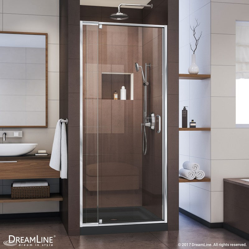 Flex Semi-Frameless Pivot Shower Door Kit with Black Shower Base Pan and Center Drain