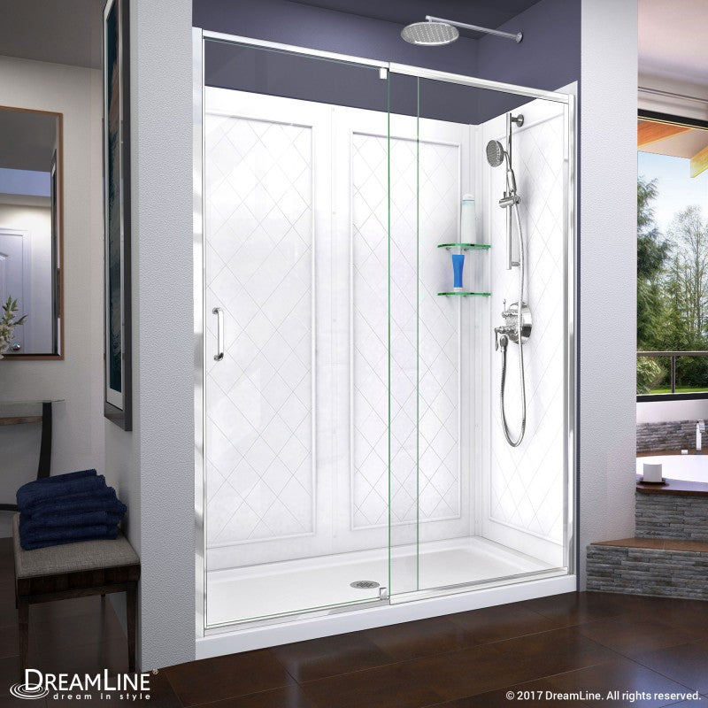 Flex semi-frameless pivot shower door kit with diamond style wall and white base pan, center drain