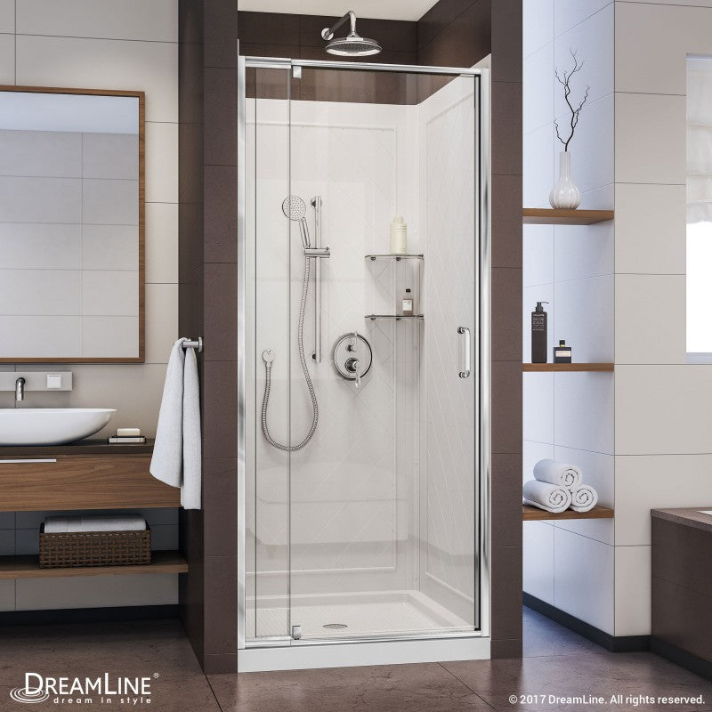 Flex Semi-Frameless Pivot Shower Door Kit with Diamond Style Wall and White Shower Base Pan and Center Drain