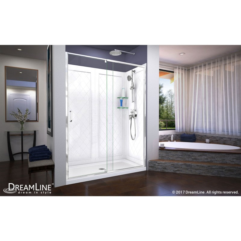 Flex Semi-Frameless Pivot Shower Door Kit with Diamond Style Wall and White Shower Base Pan and Center Drain
