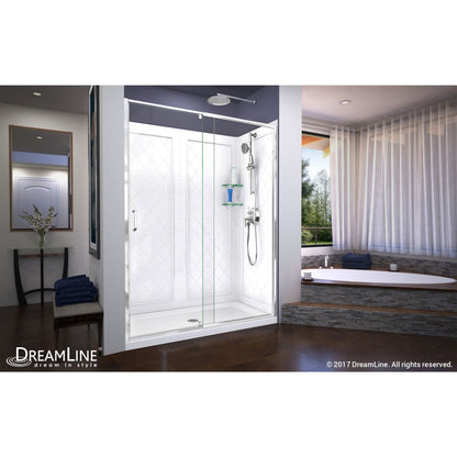 Flex Semi-Frameless Pivot Shower Door Kit with Diamond Style Wall and White Shower Base Pan and Center Drain