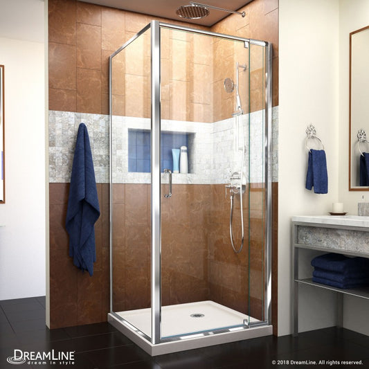 Flex Semi-Frameless Pivot Shower Door Kit with Return Panel for Corner Enclosure and Biscuit Shower Base Pan and Corner Drain