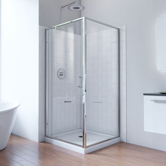 Flex Semi-Frameless Pivot Shower Door Kit with Return Panel for Corner Enclosure and Subway Style Wall and White Shower Base Pan