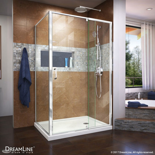 Flex Semi-Frameless Pivot Shower Door Kit with Return Panel for Corner Enclosure and White Shower Base Pan and Right Drain