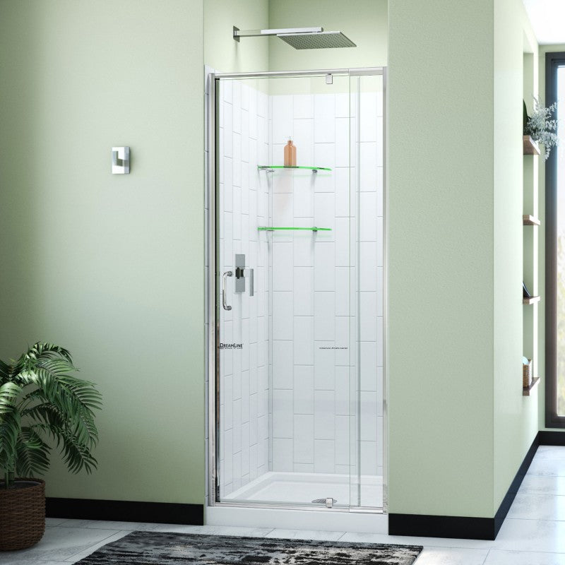 Flex semi-frameless pivot shower door kit with subway style wall and white base pan, center drain