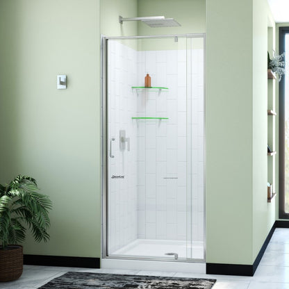 Flex Semi-Frameless Pivot Shower Door Kit with Subway Style Wall and White Shower Base Pan and Center Drain