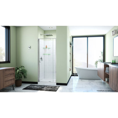 Flex Semi-Frameless Pivot Shower Door Kit with Subway Style Wall and White Shower Base Pan and Center Drain