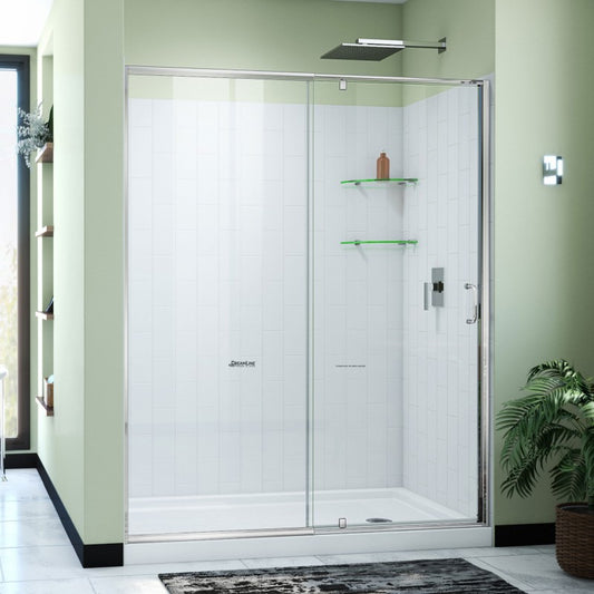 Flex semi-frameless pivot shower door kit with subway style wall and white base pan, right drain