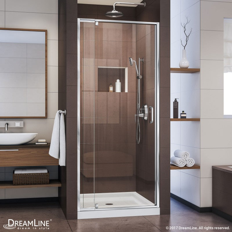 Flex Semi-Frameless Pivot Shower Door Kit with White Shower Base Pan and Center Drain