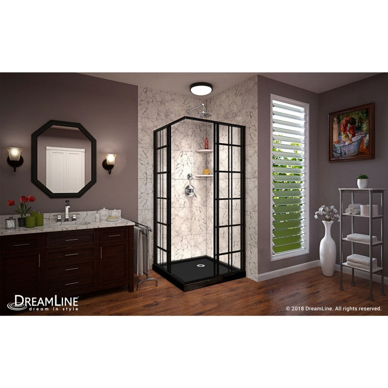 French Corner Enclosure Center Sliding Shower Door Kit with Black Shower Base Pan