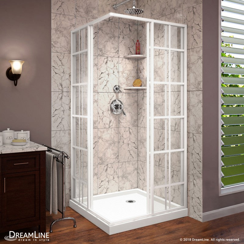 French Corner Enclosure Center Sliding Shower Door Kit with White Shower Base Pan