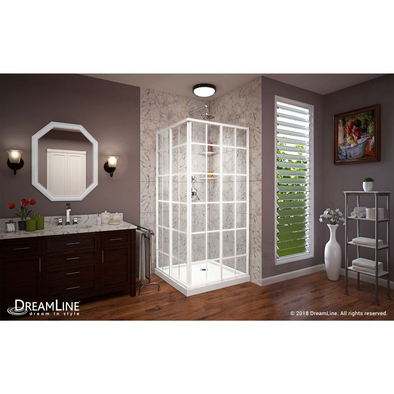 French Corner Enclosure Center Sliding Shower Door Kit with White Shower Base Pan