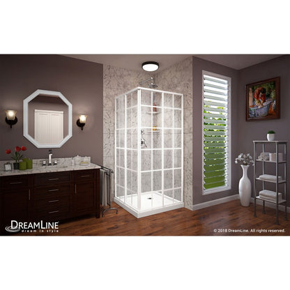 French Corner Enclosure Center Sliding Shower Door Kit with White Shower Base Pan