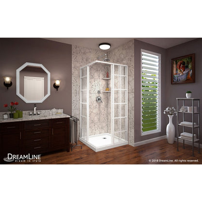 French Corner Enclosure Center Sliding Shower Door Kit with White Shower Base Pan