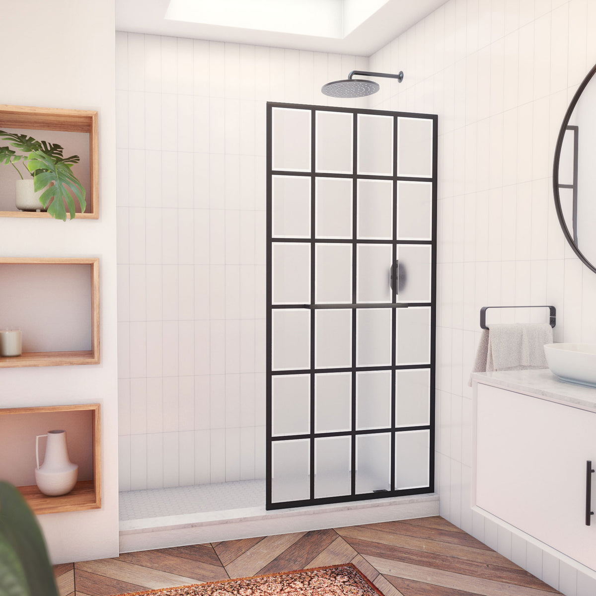 French Linea Rhone stationary shower panel with black grid on frosted glass in Satin Black