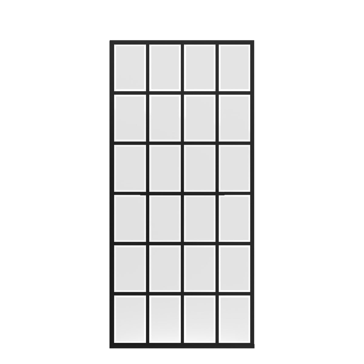 French Linea Rhone 34 inch shower panel with frosted glass and black grid, front view
