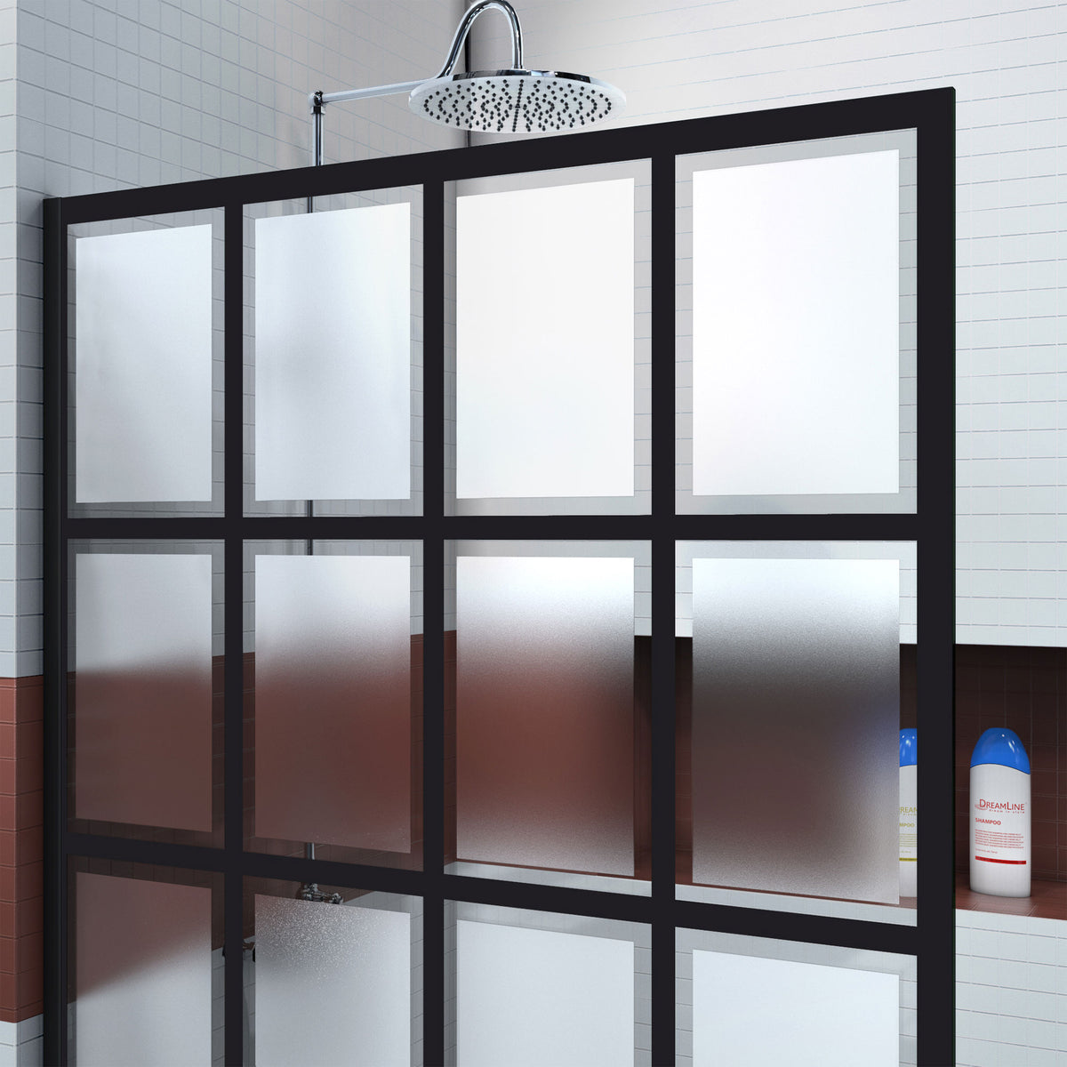 French Linea Rhone frosted glass and black grid pattern detail