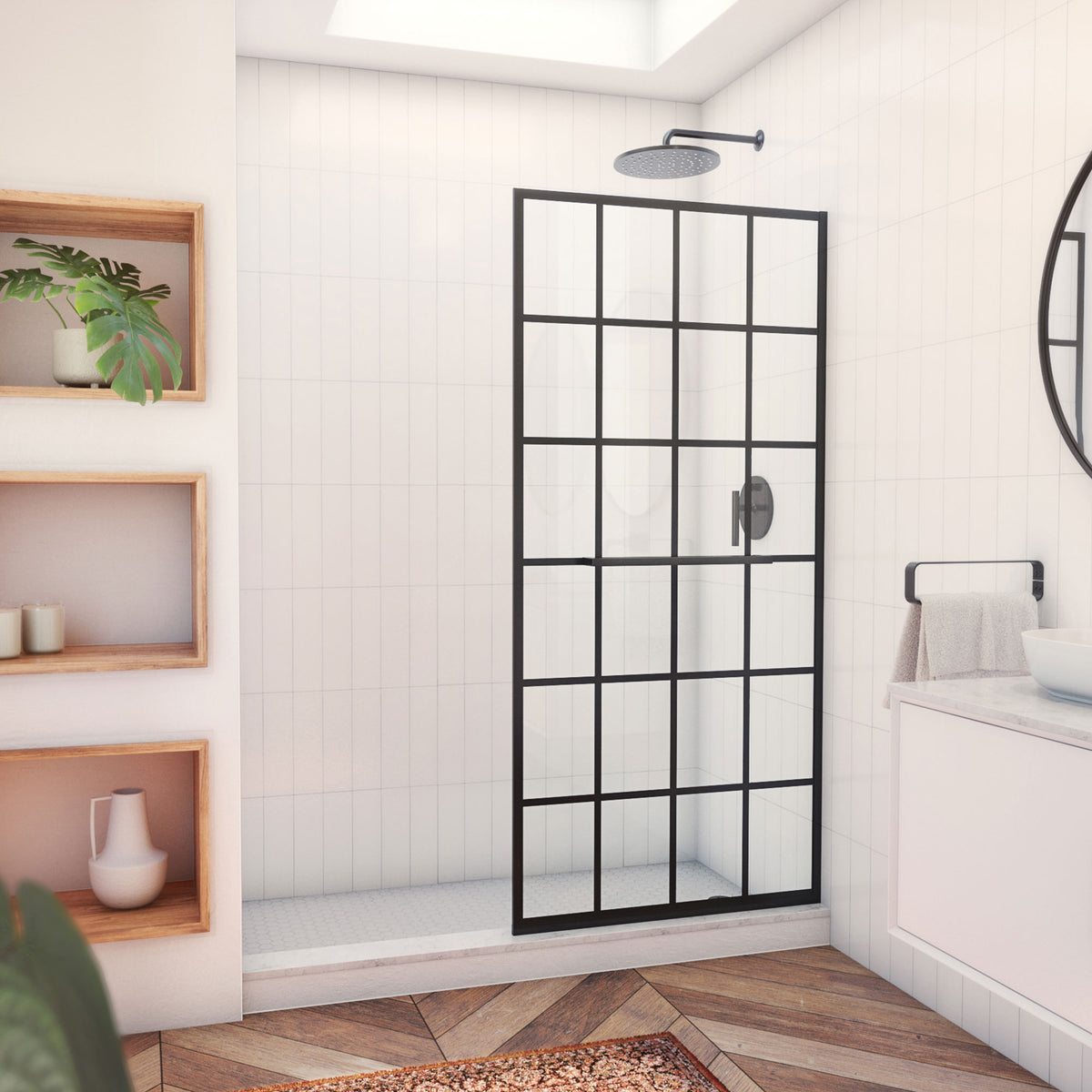 French Linea Toulon stationary shower panel with black grid on clear glass in Satin Black