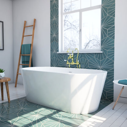 Havana 67 inch freestanding acrylic bathtub in gloss white, shown in a styled setting