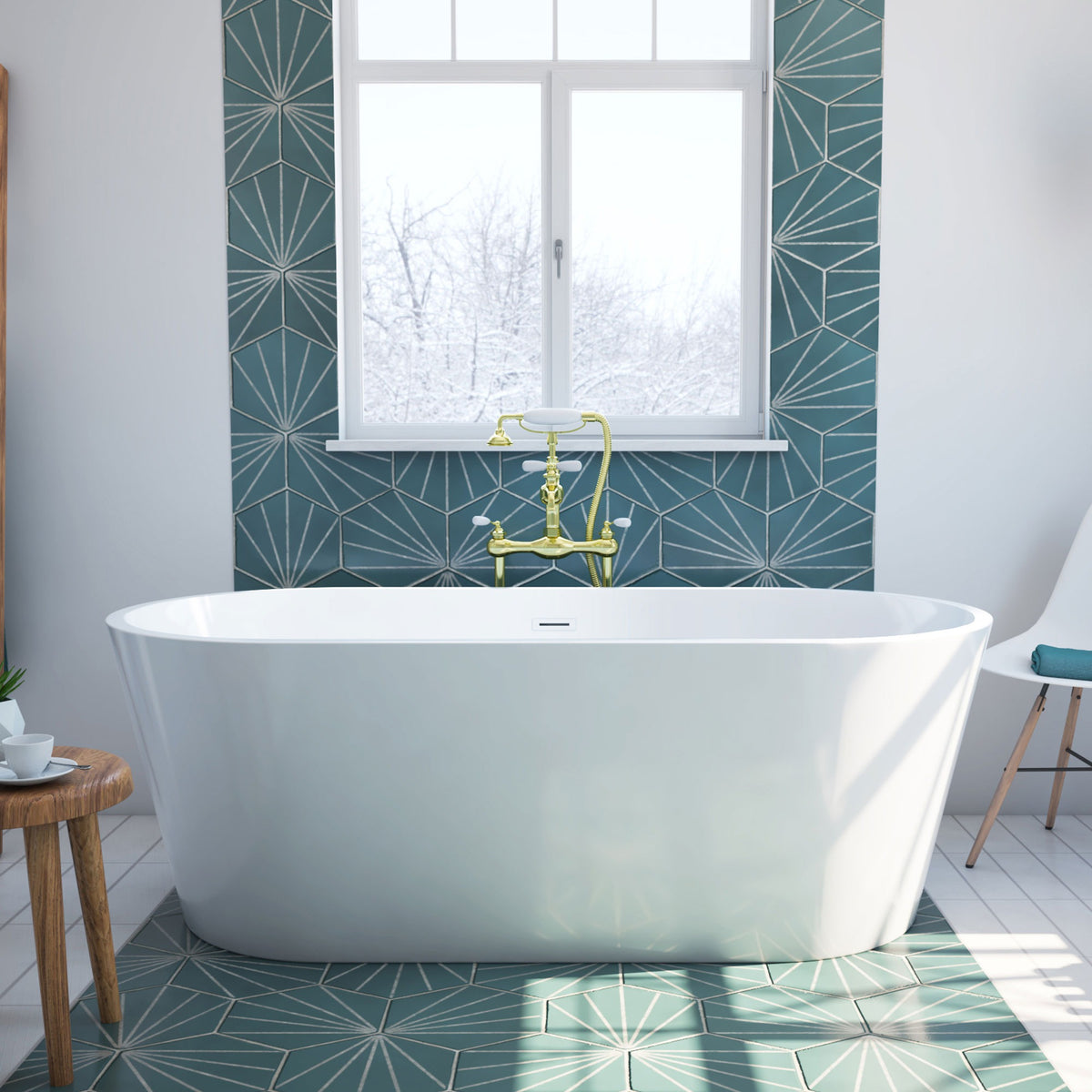 Havana 67 inch freestanding acrylic bathtub in gloss white, shown in a styled setting