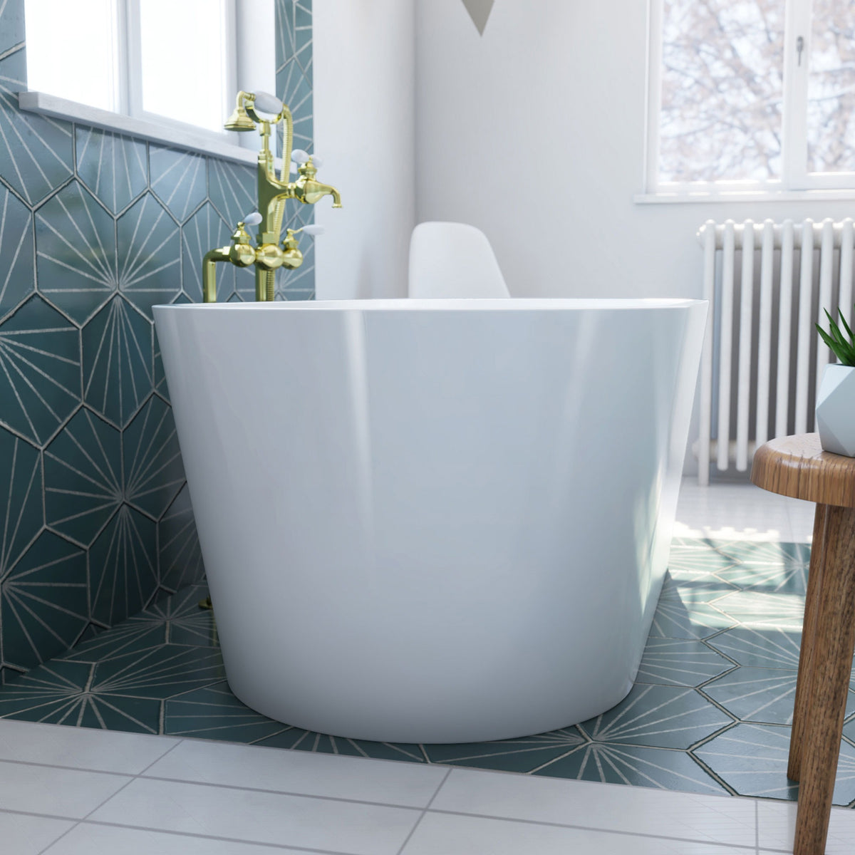Havana 67 inch freestanding acrylic bathtub in gloss white, shown in a styled setting