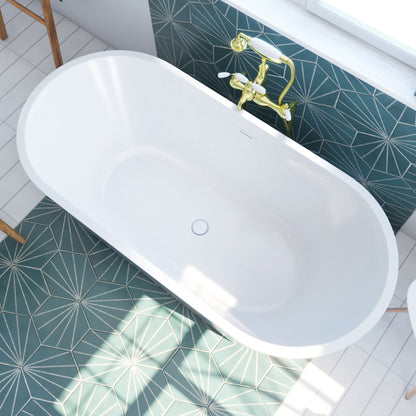 Havana 67 inch freestanding acrylic bathtub in gloss white, shown in a styled setting