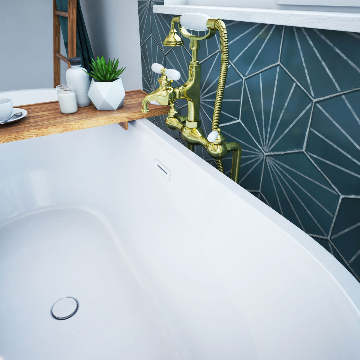 Havana 67 inch freestanding acrylic bathtub in gloss white, shown in a styled setting