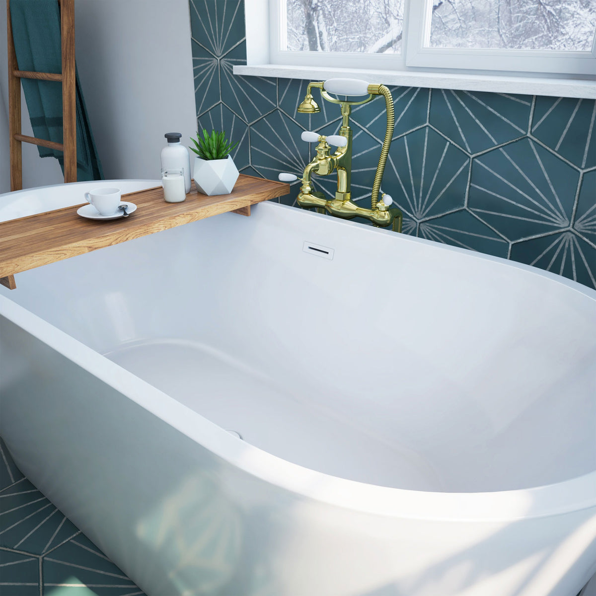 Havana 67 inch freestanding acrylic bathtub in gloss white, shown in a styled setting