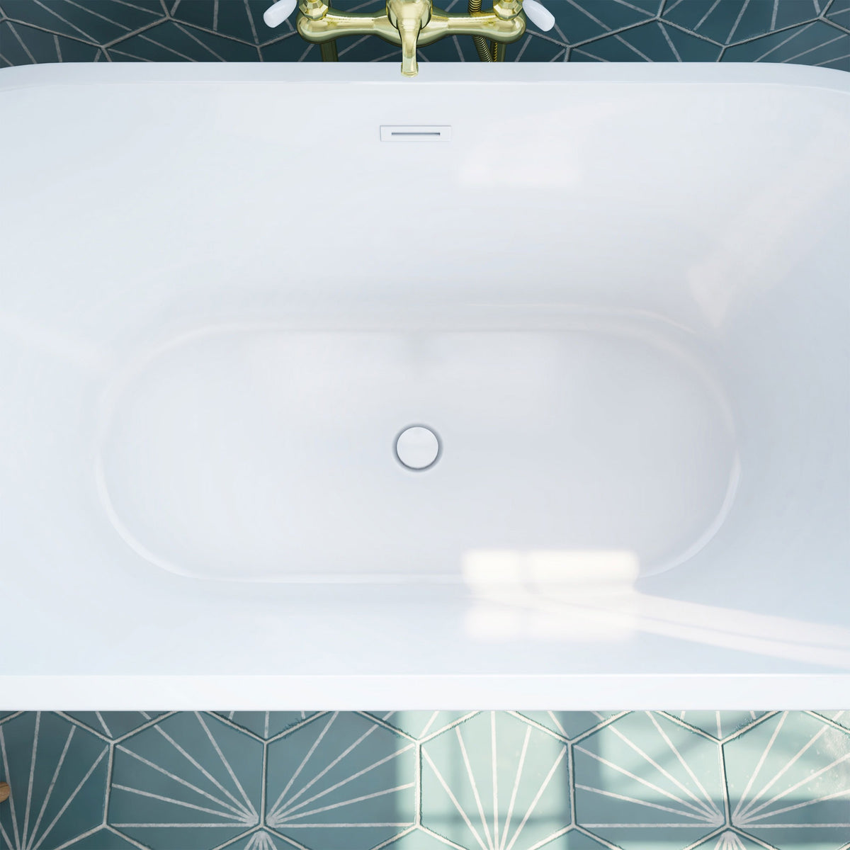 Havana 67 inch freestanding acrylic bathtub in gloss white, shown in a styled setting