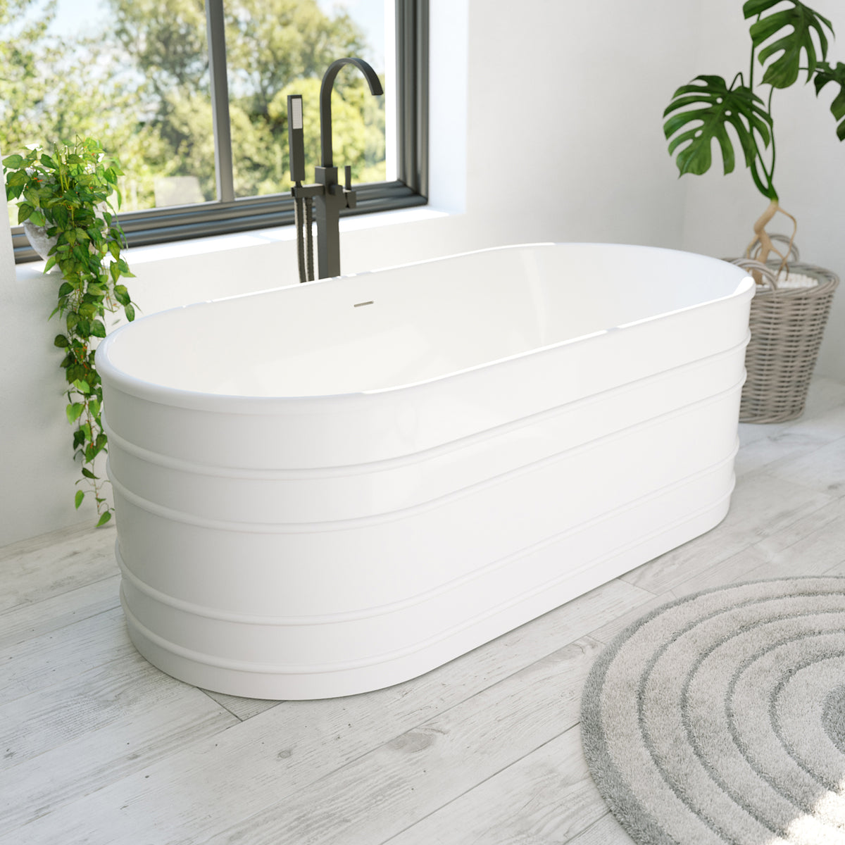 Infinity-Z 67 inch freestanding acrylic bathtub with ribbed exterior in a bright bathroom
