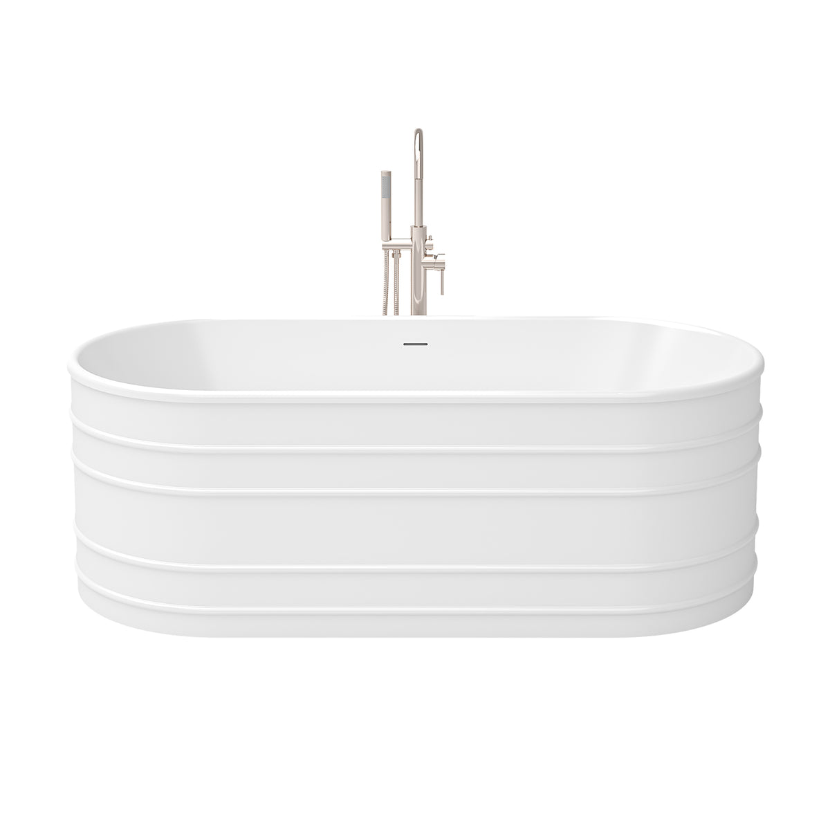 Infinity-Z 67 inch freestanding bathtub with polished nickel drain, shown with a matching floor mount faucet sold separately