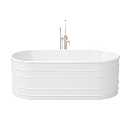 Infinity-Z 67 inch freestanding bathtub with polished nickel drain, shown with a matching floor mount faucet sold separately