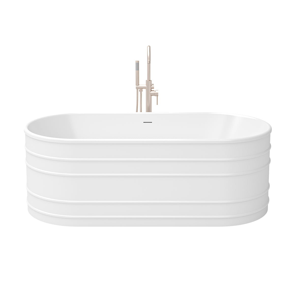 Infinity-Z 67 inch freestanding bathtub with brushed nickel drain, shown with a matching floor mount faucet sold separately