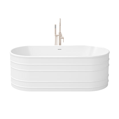 Infinity-Z 67 inch freestanding bathtub with brushed nickel drain, shown with a matching floor mount faucet sold separately