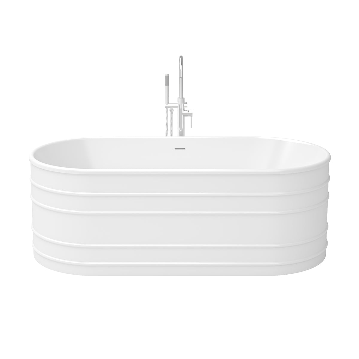 Infinity-Z 67 inch freestanding bathtub with polished chrome drain, shown with a matching floor mount faucet sold separately