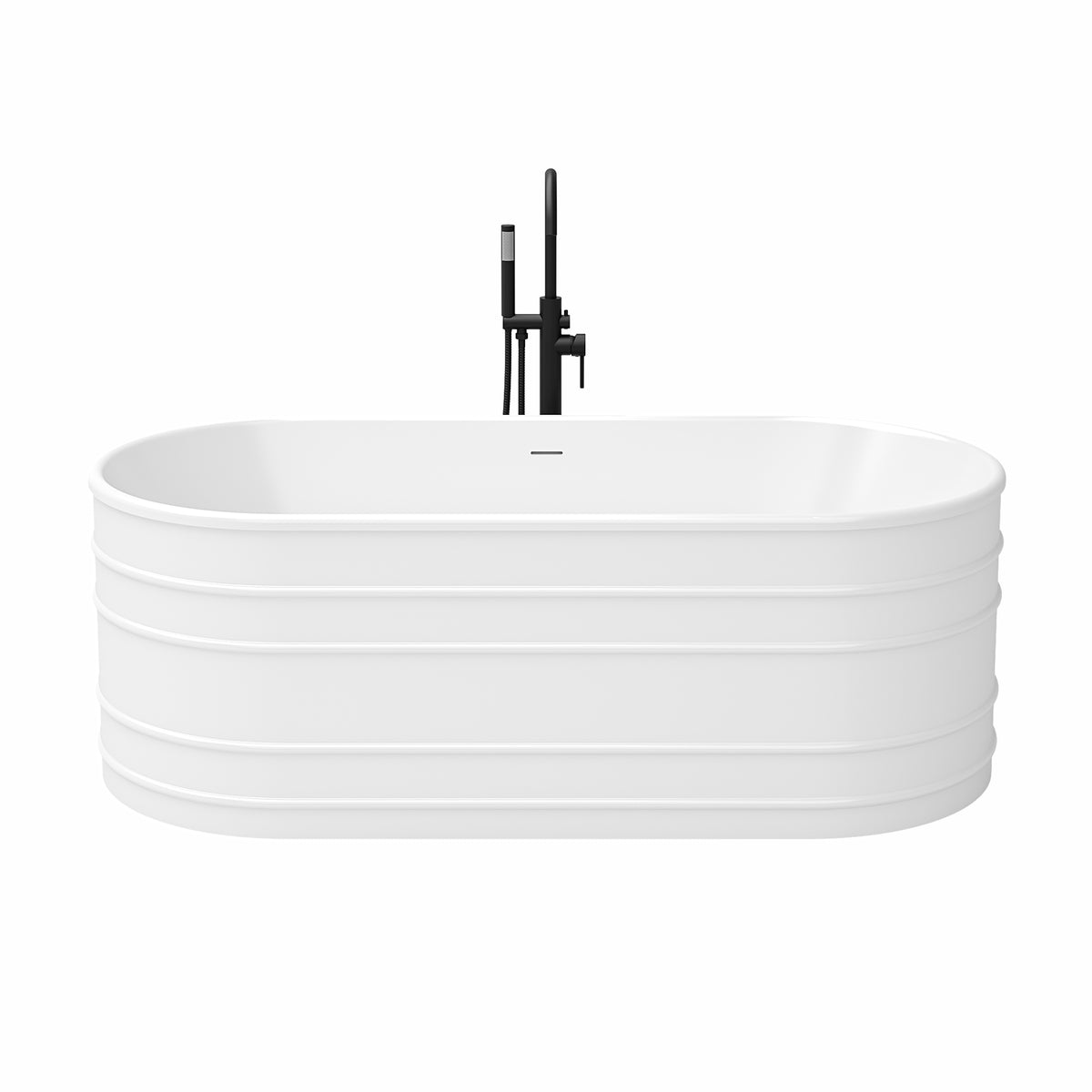 Infinity-Z 67 inch freestanding bathtub with matte black drain, shown with a matching floor mount faucet sold separately
